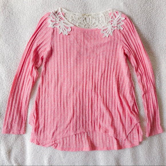 Pink Asymmetrical Lace Long Sleeve Tunic Top - Picture 1 of 6